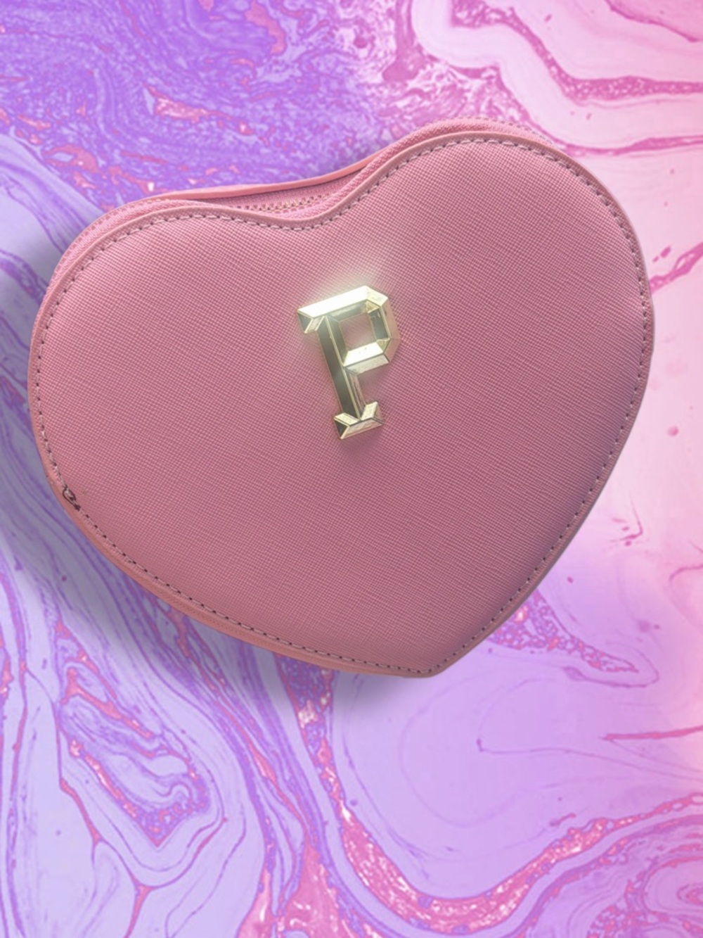 Pink Heart-Shaped Crossbody Bag with Gold 'P' Accent